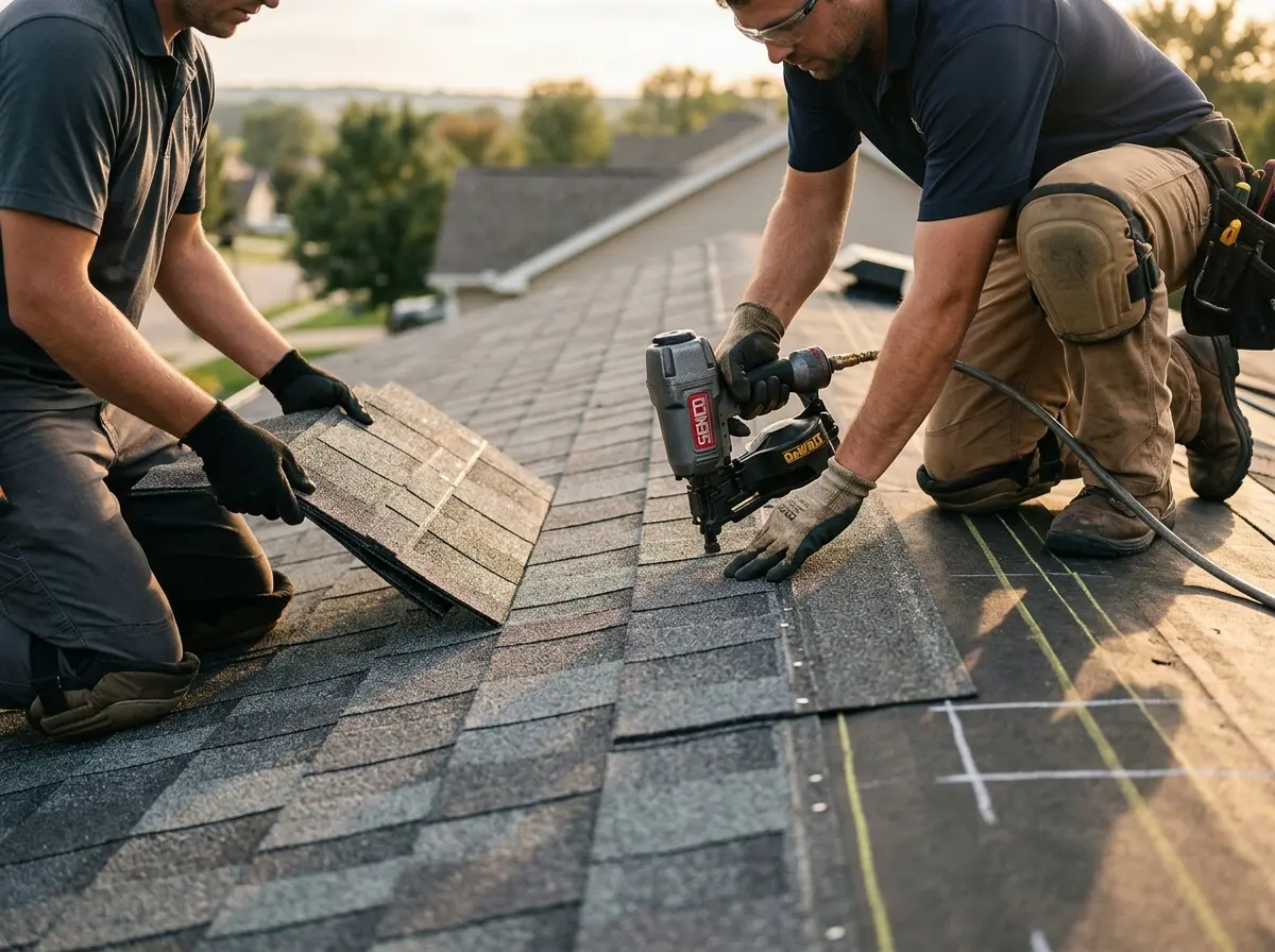 Professional roofer working on a residential roof in Loves Park